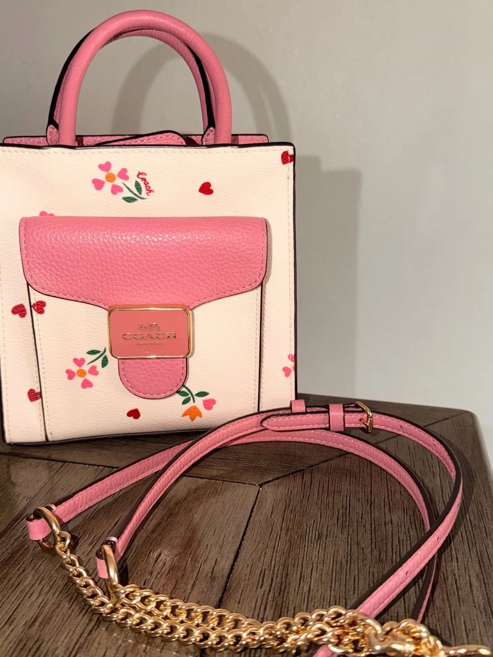Coach White Mini Satchel with Pink Trim and Floral Print